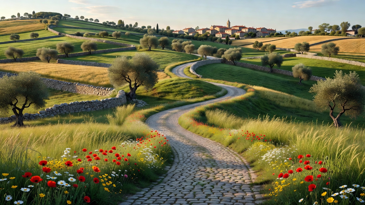 A winding road through European hills, ideal for slow travel