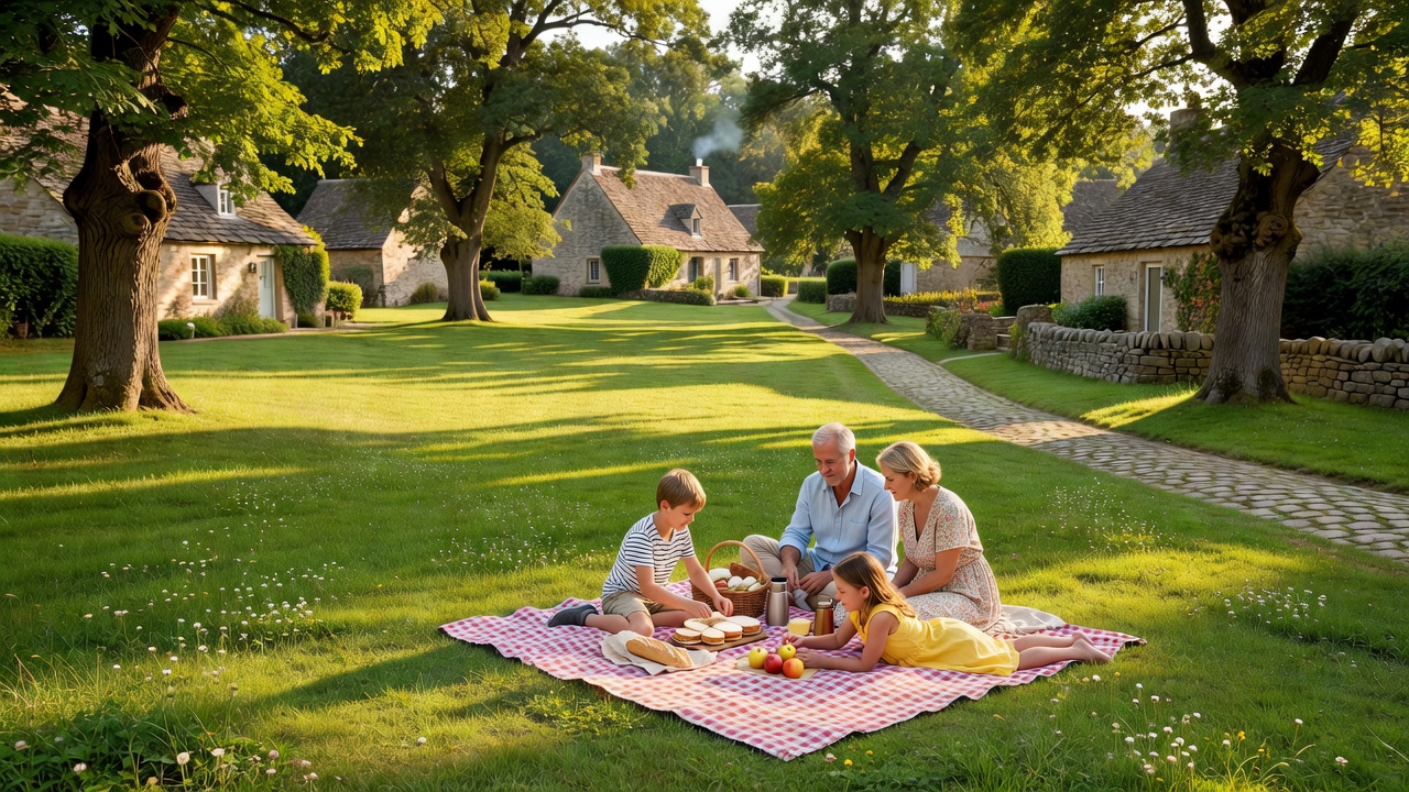 A quiet European village green perfect for a family picnic break