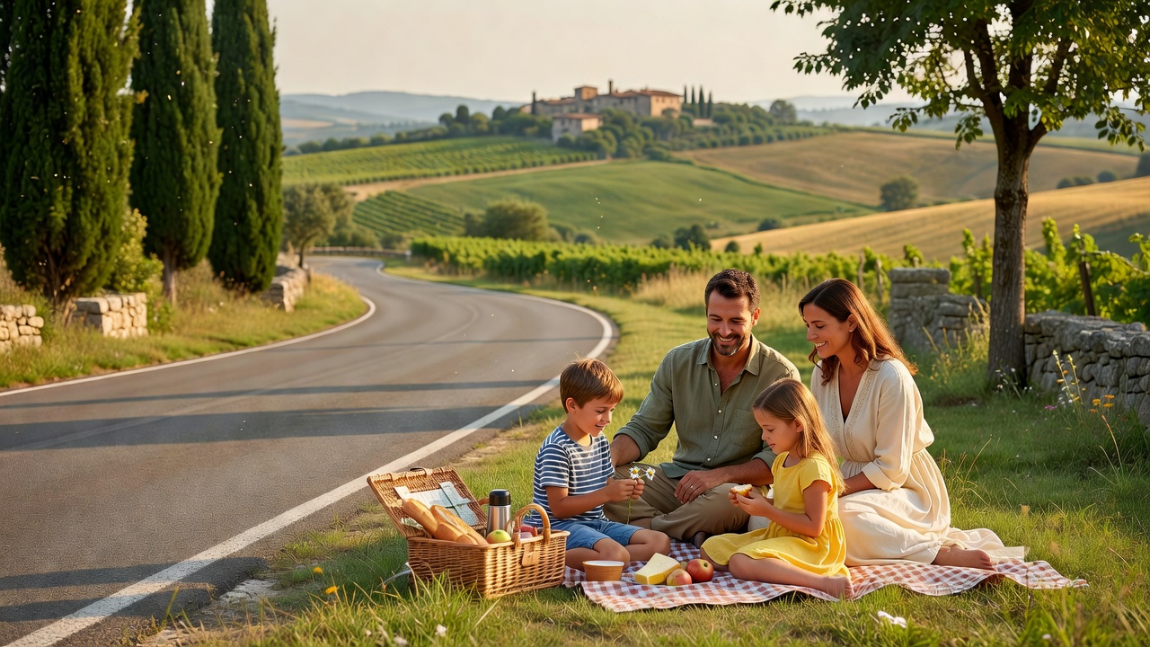 A family taking a calm break near a scenic European road
